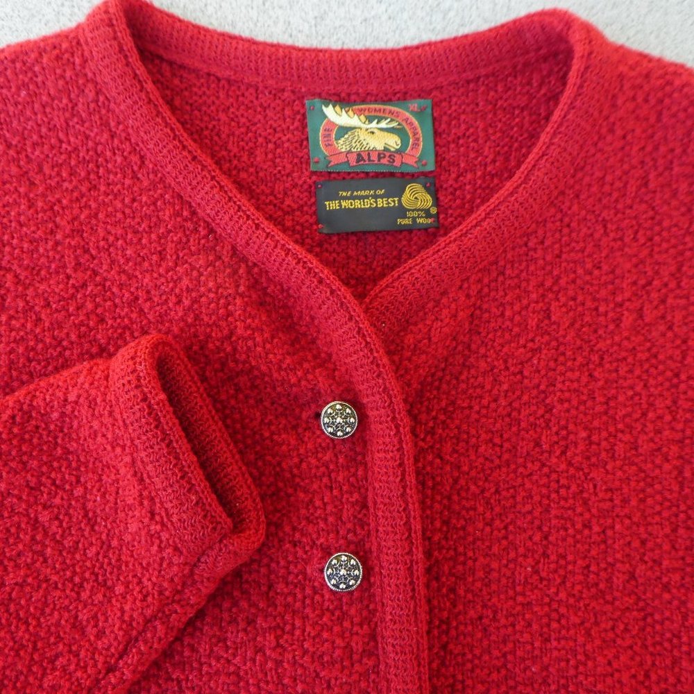 Vintage Alps Pure WooL Red Knit Sweater Cardigan Silver Etched Buttons USA XL